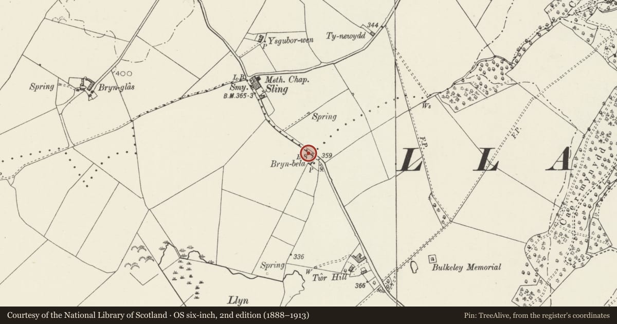 Ordnance Survey six-inch map, 2nd edition (1888–1913) covering the location of Boundary stone N of Bryn Bela, Beaumaris, Isle of Anglesey, with a pin at the register's coordinates