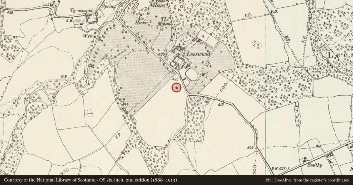 Ordnance Survey six-inch map, 2nd edition (1888–1913) covering the location of Former Dovecote S of Leeswood Hall, Leeswood and Pontblyddyn, Flintshire, with a pin at the register's coordinates