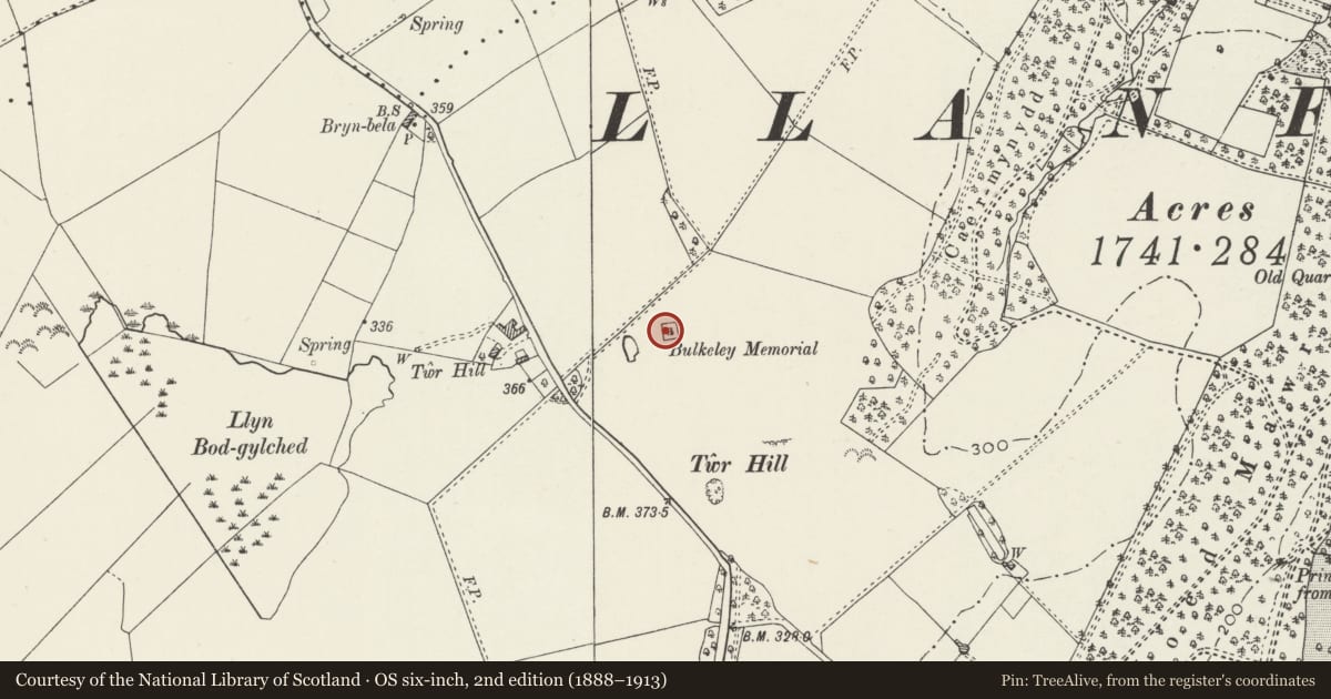 Ordnance Survey six-inch map, 2nd edition (1888–1913) covering the location of Bulkeley Monument, Beaumaris, Isle of Anglesey, with a pin at the register's coordinates