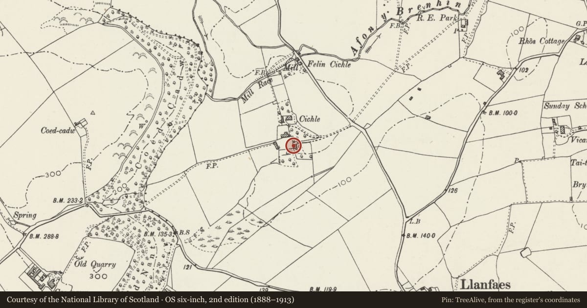 Ordnance Survey six-inch map, 2nd edition (1888–1913) covering the location of Cichle Farmhouse, Beaumaris, Isle of Anglesey, with a pin at the register's coordinates
