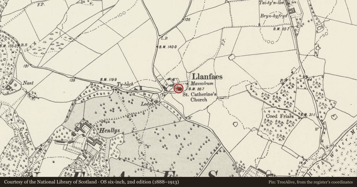 Ordnance Survey six-inch map, 2nd edition (1888–1913) covering the location of Church of St Catherine, Beaumaris, Isle of Anglesey, with a pin at the register's coordinates