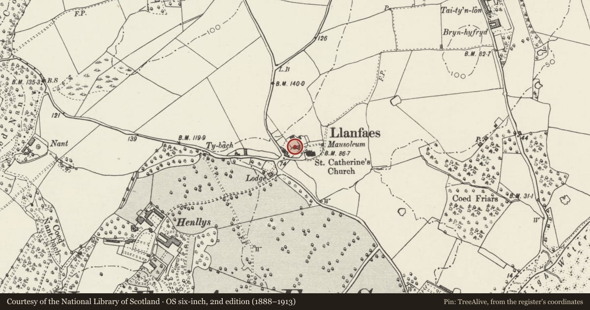 Ordnance Survey six-inch map, 2nd edition (1888–1913) covering the location of Swn y Gloch, Beaumaris, Isle of Anglesey, with a pin at the register's coordinates