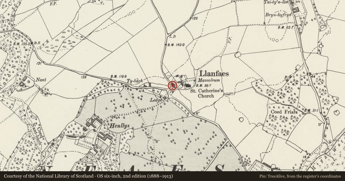 Ordnance Survey six-inch map, 2nd edition (1888–1913) covering the location of Smithy Cottage, Beaumaris, Isle of Anglesey, with a pin at the register's coordinates