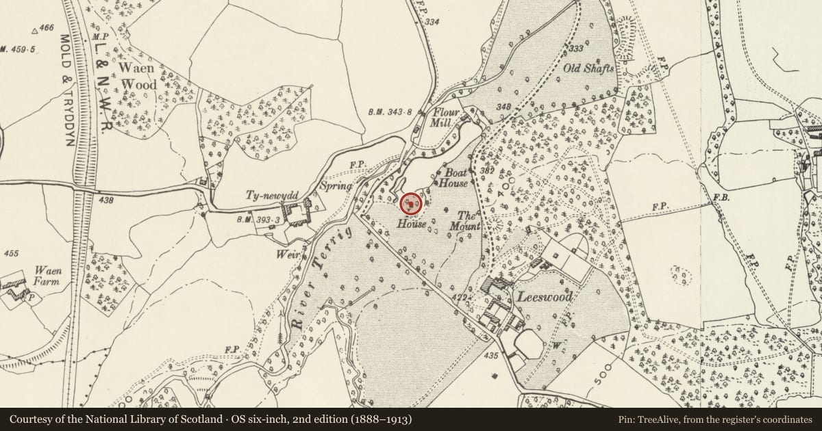 Ordnance Survey six-inch map, 2nd edition (1888–1913) covering the location of Ice House to NW of Leeswood Hall, Leeswood and Pontblyddyn, Flintshire, with a pin at the register's coordinates