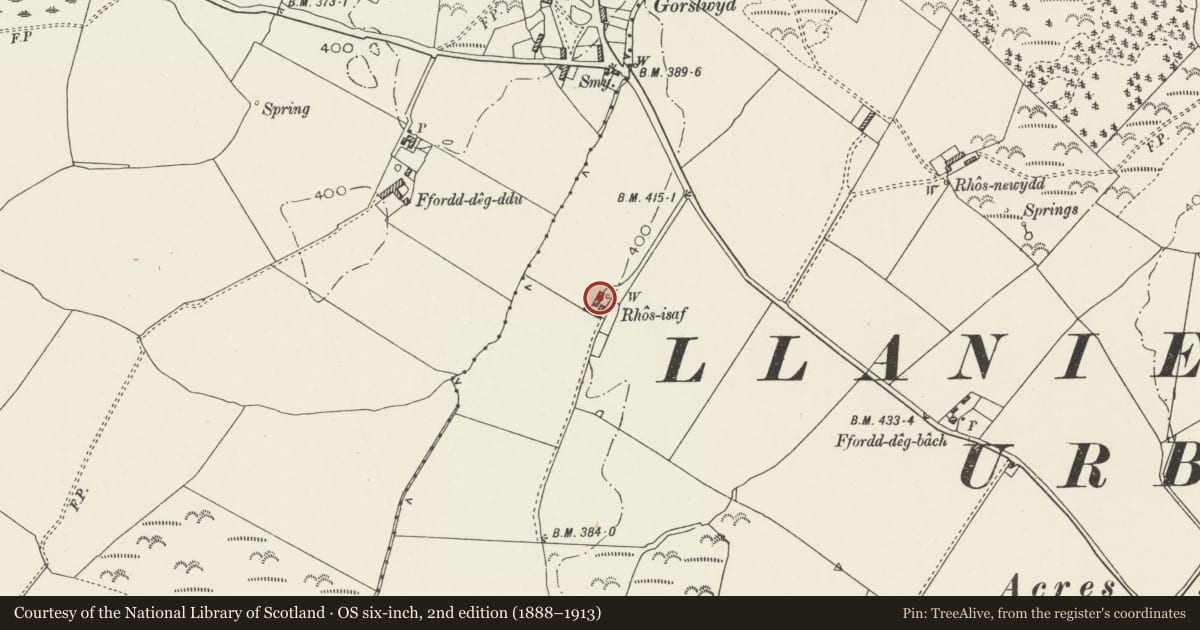 Ordnance Survey six-inch map, 2nd edition (1888–1913) covering the location of Rhos Isaf, Llanddona, Isle of Anglesey, with a pin at the register's coordinates