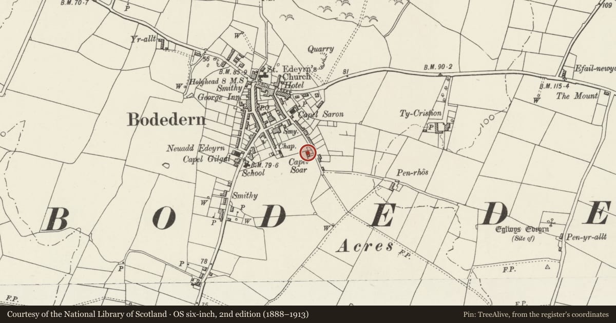 Ordnance Survey six-inch map, 2nd edition (1888–1913) covering the location of Soar Chapel and chapel house, Bodedern, Isle of Anglesey, with a pin at the register's coordinates