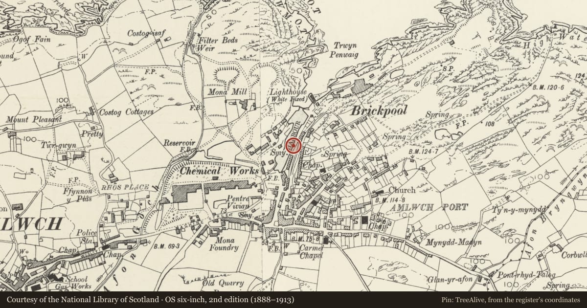 Ordnance Survey six-inch map, 2nd edition (1888–1913) covering the location of Harbour Walls of old harbour, Amlwch, Isle of Anglesey, with a pin at the register's coordinates