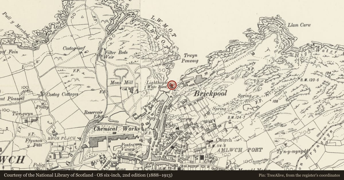 Ordnance Survey six-inch map, 2nd edition (1888–1913) covering the location of Lighthouse and watchtower, with attached building at the entrance of the old harbour, Amlwch, Isle of Anglesey, with a pin at the register's coordinates