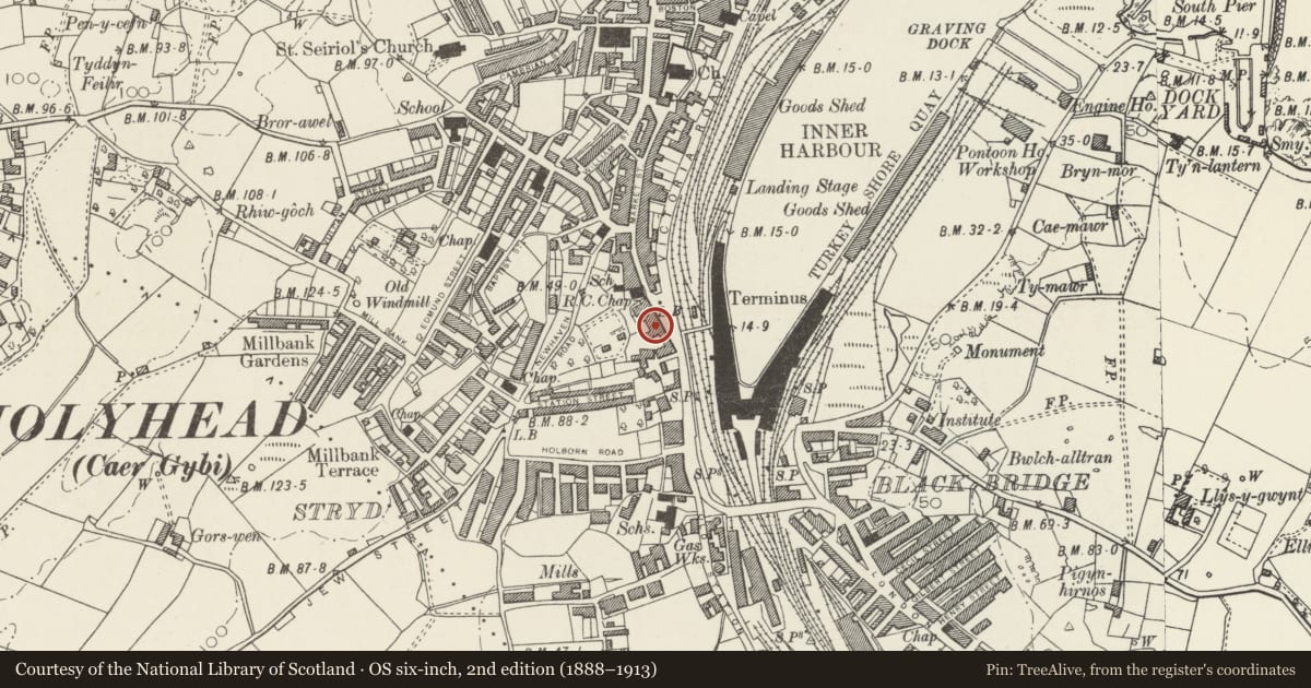 Ordnance Survey six-inch map, 2nd edition (1888–1913) covering the location of 2 Victoria Terrace, Holyhead, Isle of Anglesey, with a pin at the register's coordinates