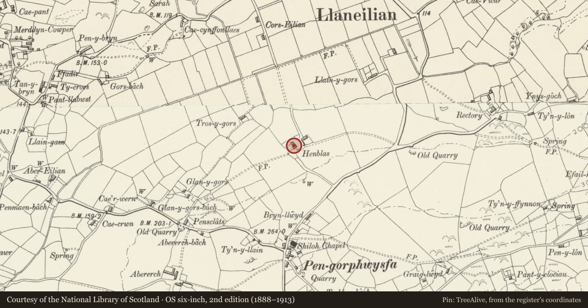 Ordnance Survey six-inch map, 2nd edition (1888–1913) covering the location of Henblas and attached outbuildings, Llaneilian, Isle of Anglesey, with a pin at the register's coordinates