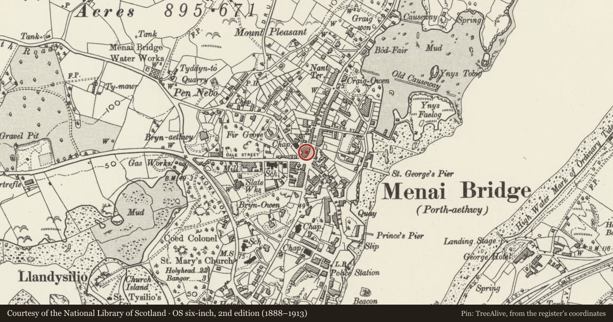 Ordnance Survey six-inch map, 2nd edition (1888–1913) covering the location of Trinity House, Menai Bridge, Isle of Anglesey, with a pin at the register's coordinates