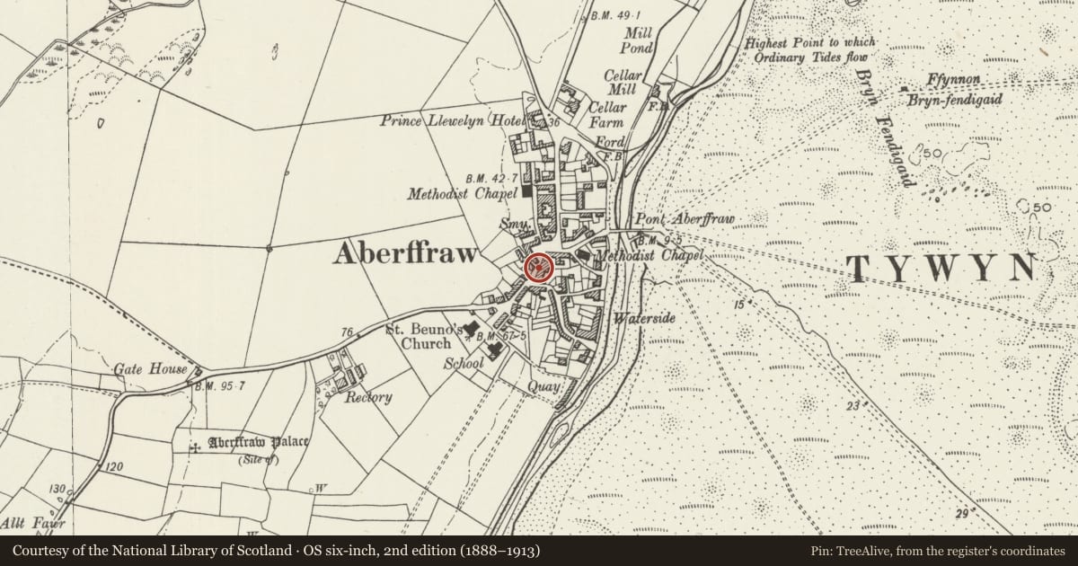 Ordnance Survey six-inch map, 2nd edition (1888–1913) covering the location of The Eagles, Aberffraw, Isle of Anglesey, with a pin at the register's coordinates