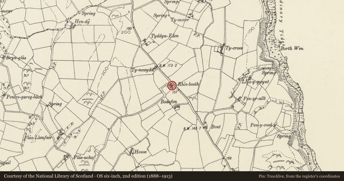 Ordnance Survey six-inch map, 2nd edition (1888–1913) covering the location of Rhos Boeth, Llanfair-Mathafarn-Eithaf, Isle of Anglesey, with a pin at the register's coordinates
