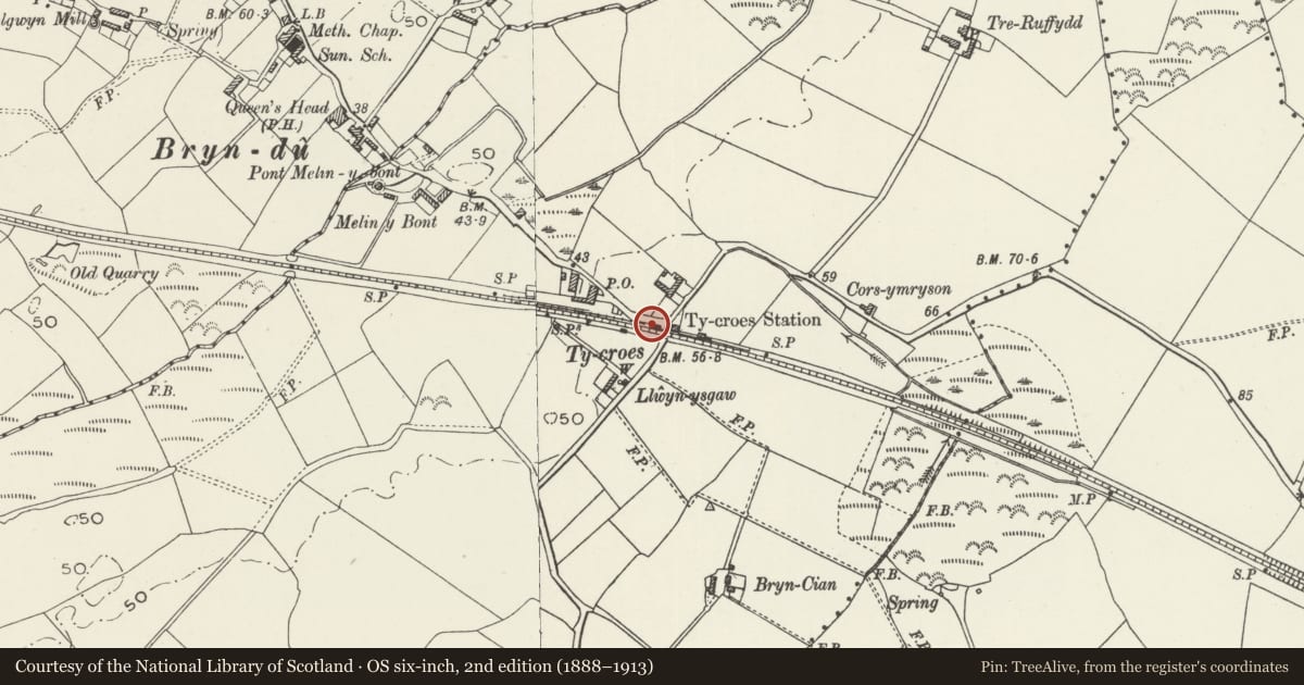 Ordnance Survey six-inch map, 2nd edition (1888–1913) covering the location of Ty Croes signal-box and attached station range, Aberffraw, Isle of Anglesey, with a pin at the register's coordinates