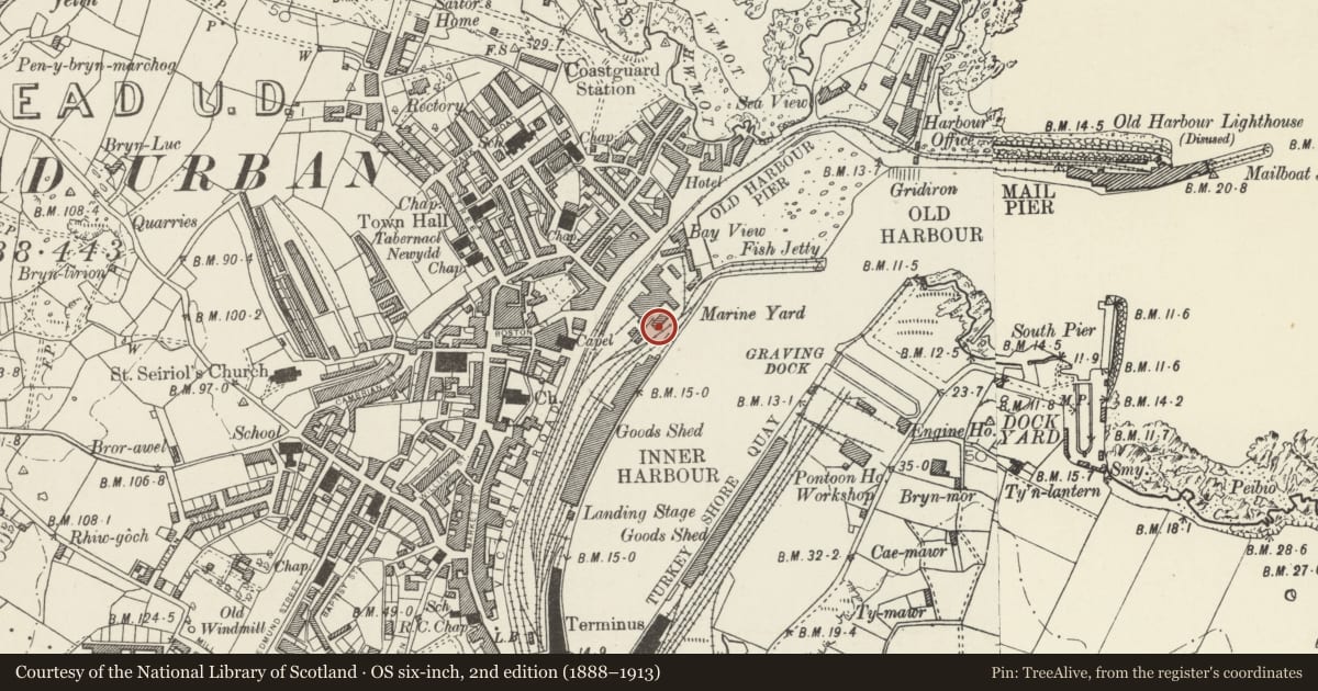 Ordnance Survey six-inch map, 2nd edition (1888–1913) covering the location of Office and Stores Building, Holyhead, Isle of Anglesey, with a pin at the register's coordinates