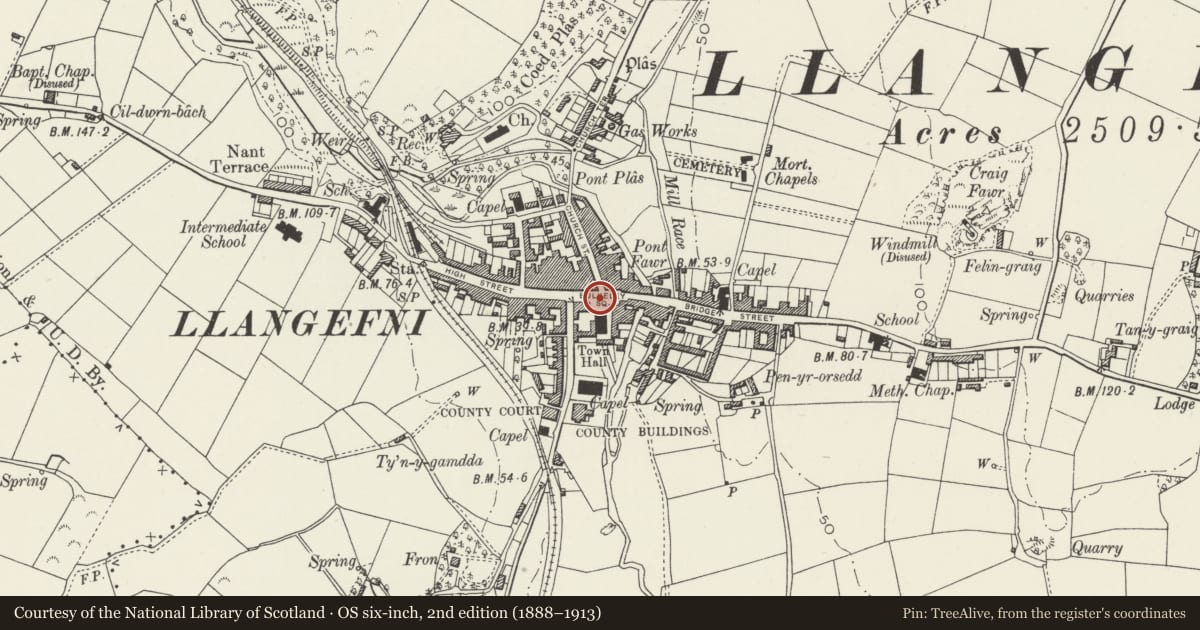 Ordnance Survey six-inch map, 2nd edition (1888–1913) covering the location of Town Clock, Llangefni, Isle of Anglesey, with a pin at the register's coordinates