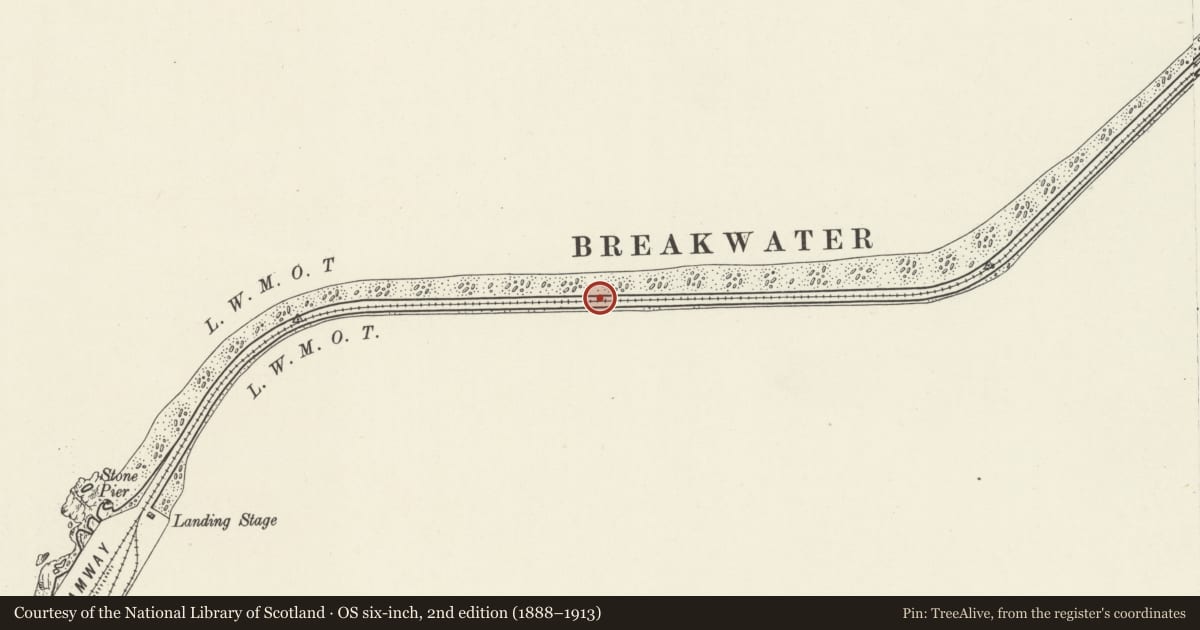 Ordnance Survey six-inch map, 2nd edition (1888–1913) covering the location of Holyhead Breakwater, Isle of Anglesey, with a pin at the register's coordinates