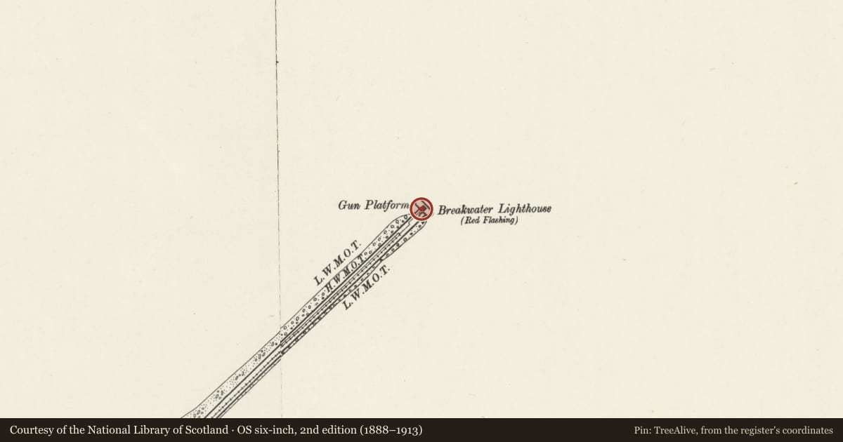 Ordnance Survey six-inch map, 2nd edition (1888–1913) covering the location of Lighthouse on Holyhead Breakwater, Isle of Anglesey, with a pin at the register's coordinates
