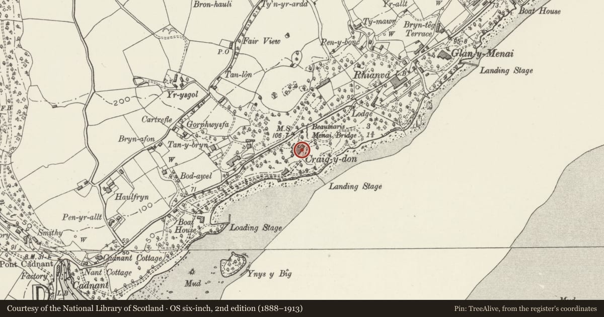 Ordnance Survey six-inch map, 2nd edition (1888–1913) covering the location of Craig-y-Don, Cwm Cadnant, Isle of Anglesey, with a pin at the register's coordinates