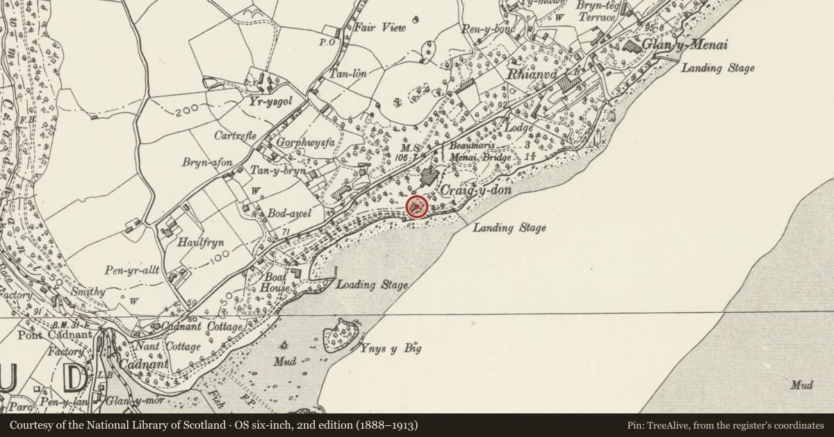 Ordnance Survey six-inch map, 2nd edition (1888–1913) covering the location of Coachhouse at Craig-y-Don, Cwm Cadnant, Isle of Anglesey, with a pin at the register's coordinates