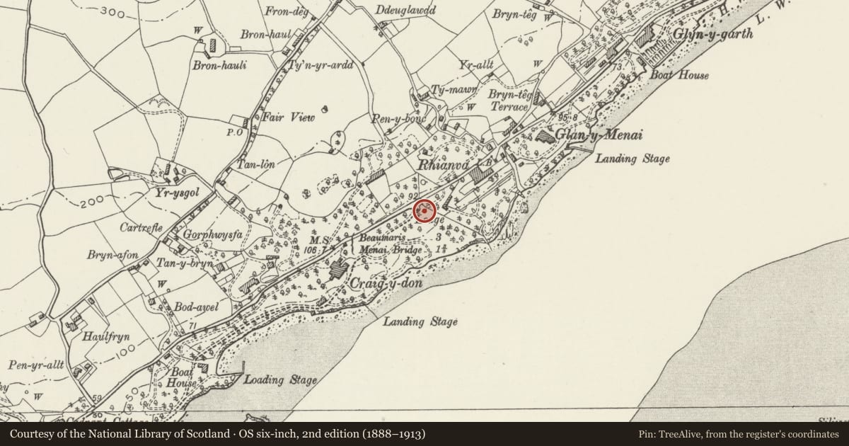 Ordnance Survey six-inch map, 2nd edition (1888–1913) covering the location of Lodge at Craig-y-Don, Cwm Cadnant, Isle of Anglesey, with a pin at the register's coordinates