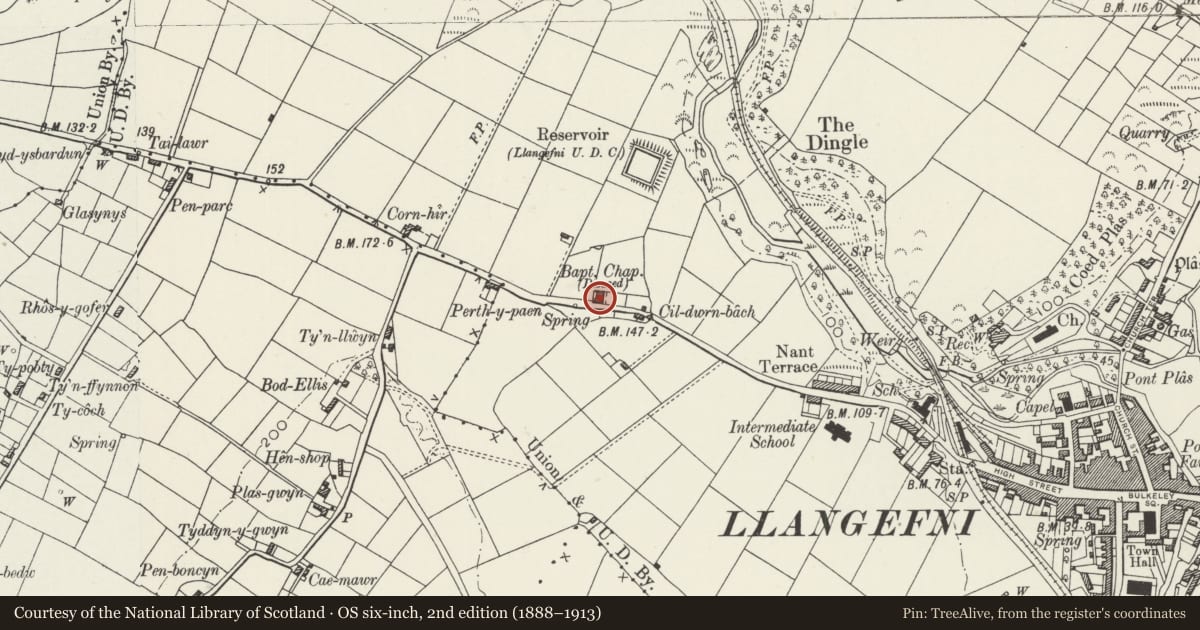 Ordnance Survey six-inch map, 2nd edition (1888–1913) covering the location of Capel Ebeneser and chapel house (formerly Capel Cildwrn), Llangefni, Isle of Anglesey, with a pin at the register's coordinates
