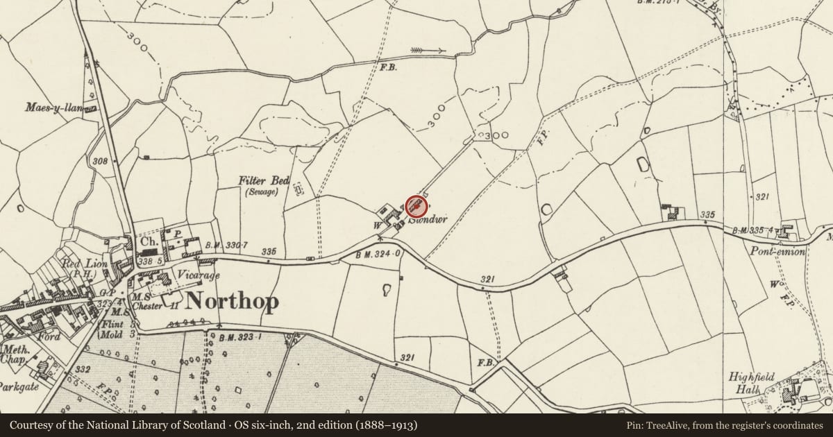 Ordnance Survey six-inch map, 2nd edition (1888–1913) covering the location of Former Maltings at Swndwr Farm, Northop, Flintshire, with a pin at the register's coordinates