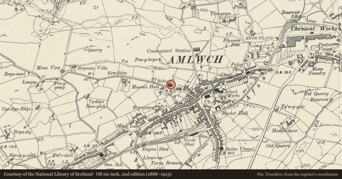 Ordnance Survey six-inch map, 2nd edition (1888–1913) covering the location of Old National School, Amlwch, Isle of Anglesey, with a pin at the register's coordinates