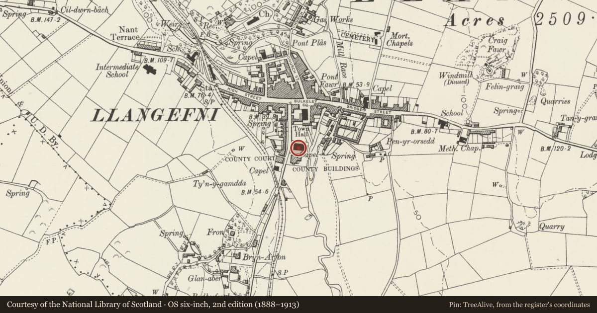 Ordnance Survey six-inch map, 2nd edition (1888–1913) covering the location of Moriah Calvinistic Methodist Chapel including forecourt wall and gates, Llangefni, Isle of Anglesey, with a pin at the register's coordinates