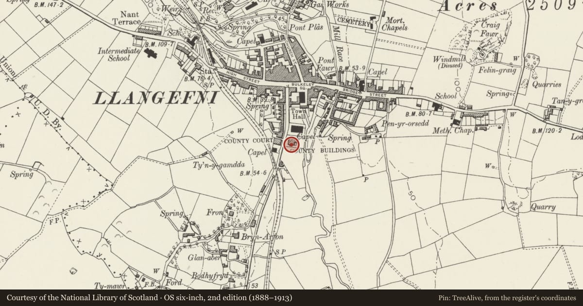 Ordnance Survey six-inch map, 2nd edition (1888–1913) covering the location of Shire Hall, Llangefni, Isle of Anglesey, with a pin at the register's coordinates
