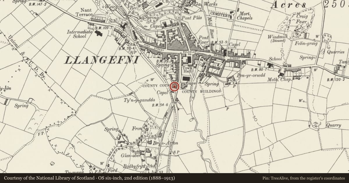 Ordnance Survey six-inch map, 2nd edition (1888–1913) covering the location of County Court, Llangefni, Isle of Anglesey, with a pin at the register's coordinates