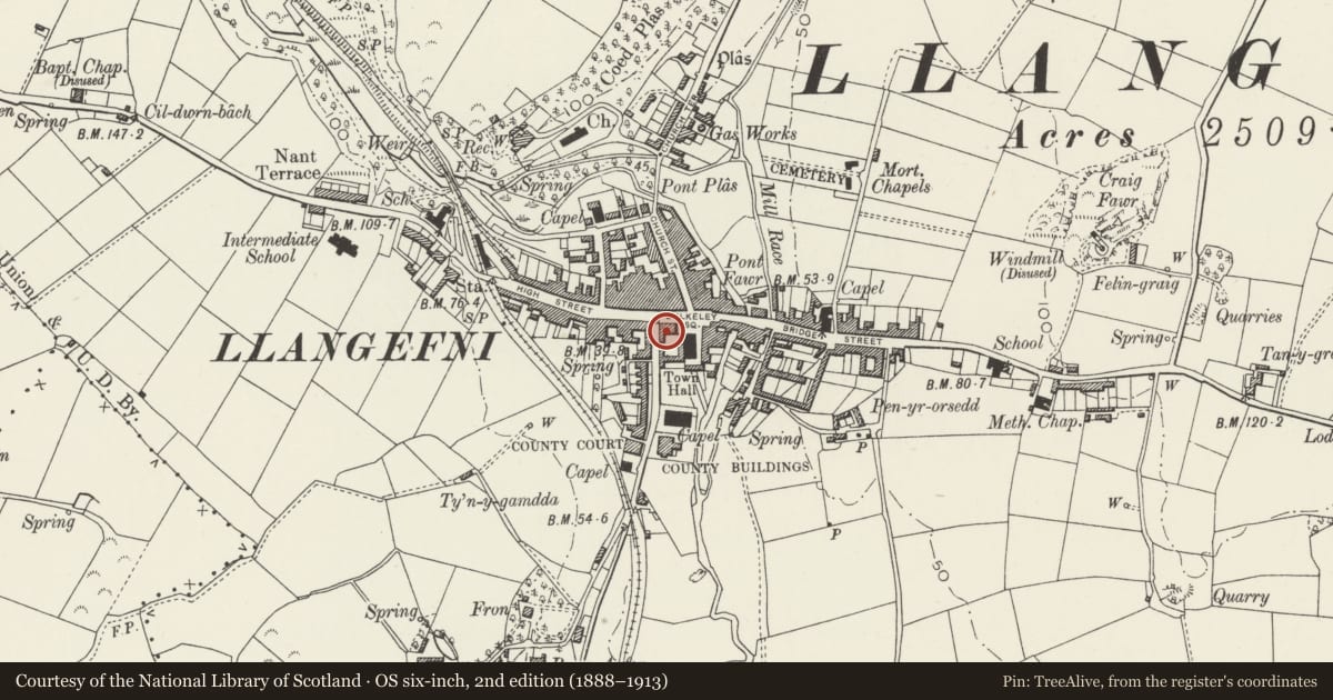 Ordnance Survey six-inch map, 2nd edition (1888–1913) covering the location of The Bull Hotel, including stable courtyard to rear, Llangefni, Isle of Anglesey, with a pin at the register's coordinates