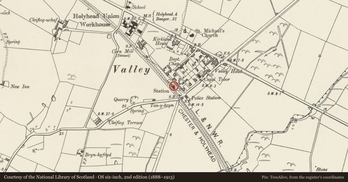 Ordnance Survey six-inch map, 2nd edition (1888–1913) covering the location of Valley Railway Station Main Building, Isle of Anglesey, with a pin at the register's coordinates