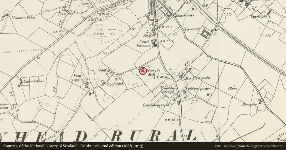 Ordnance Survey six-inch map, 2nd edition (1888–1913) covering the location of Kingsland Windmill, Holyhead, Isle of Anglesey, with a pin at the register's coordinates