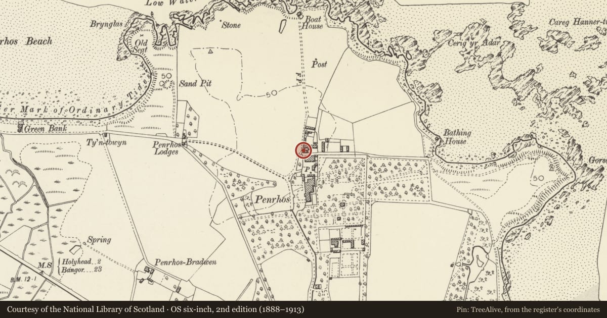 Ordnance Survey six-inch map, 2nd edition (1888–1913) covering the location of Bailiff's Tower and with boundary wall, gates and attached outbuildings at Penrhos Home Farm, Holyhead, Isle of Anglesey, with a pin at the register's coordinates