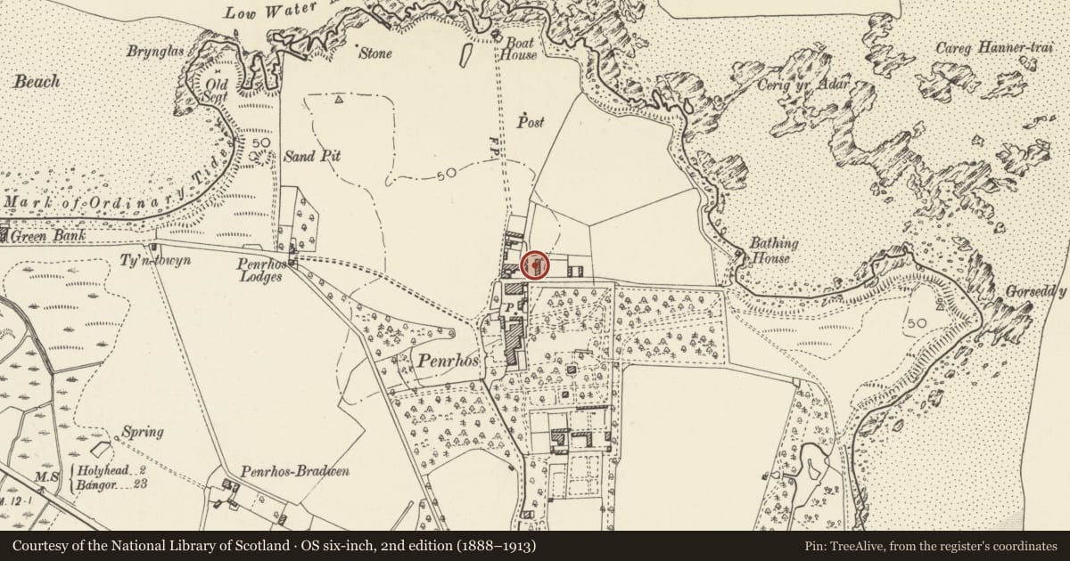 Ordnance Survey six-inch map, 2nd edition (1888–1913) covering the location of Barn and cartsheds, Penrhos Home Farm, Holyhead, Isle of Anglesey, with a pin at the register's coordinates