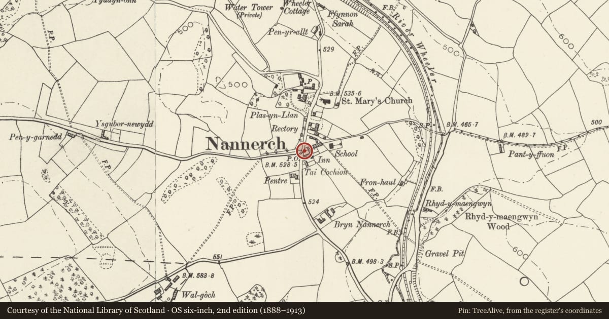 Ordnance Survey six-inch map, 2nd edition (1888–1913) covering the location of Telephone Call-box at entrance to Cross Foxes public house, Nannerch, Flintshire, with a pin at the register's coordinates