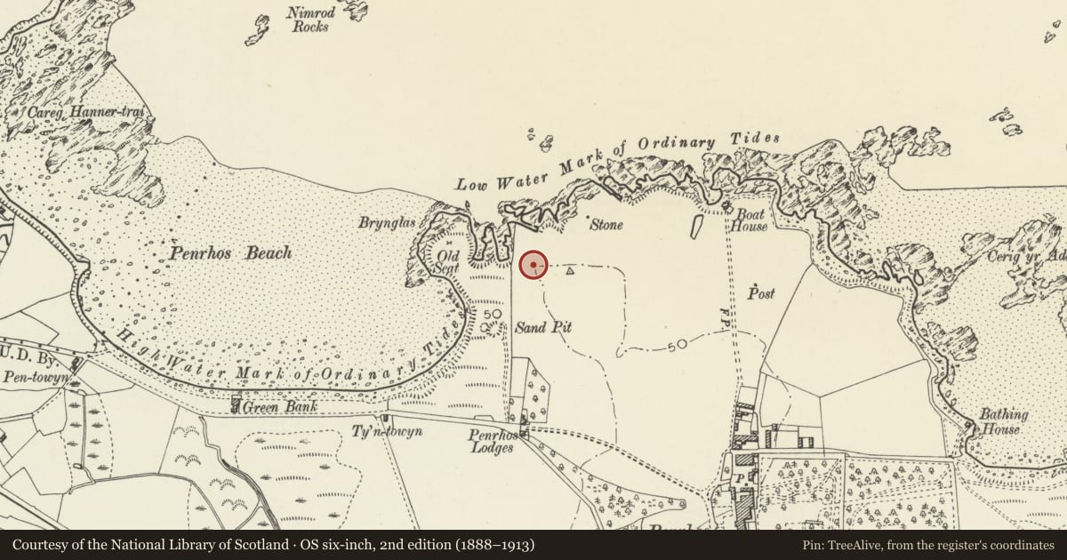 Ordnance Survey six-inch map, 2nd edition (1888–1913) covering the location of The Battery, Holyhead, Isle of Anglesey, with a pin at the register's coordinates