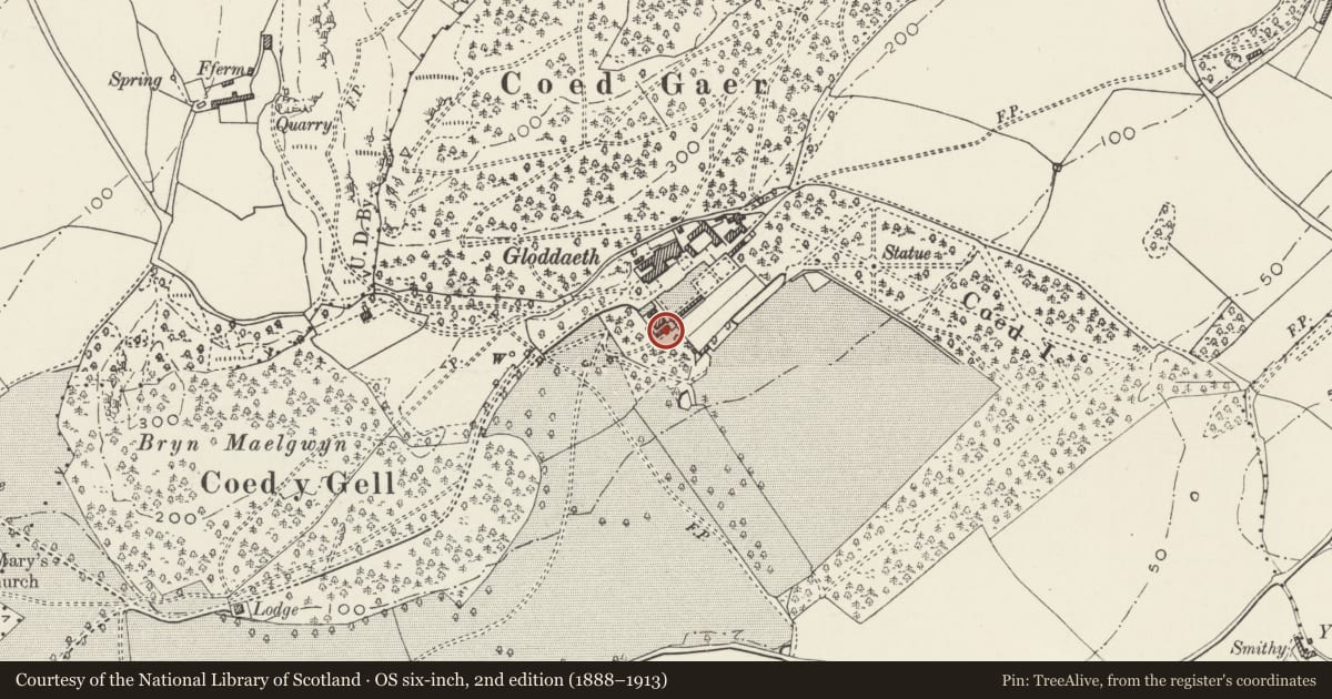 Ordnance Survey six-inch map, 2nd edition (1888–1913) covering the location of Bothy Cottage at Gloddaeth Hall, Llandudno, Conwy, with a pin at the register's coordinates