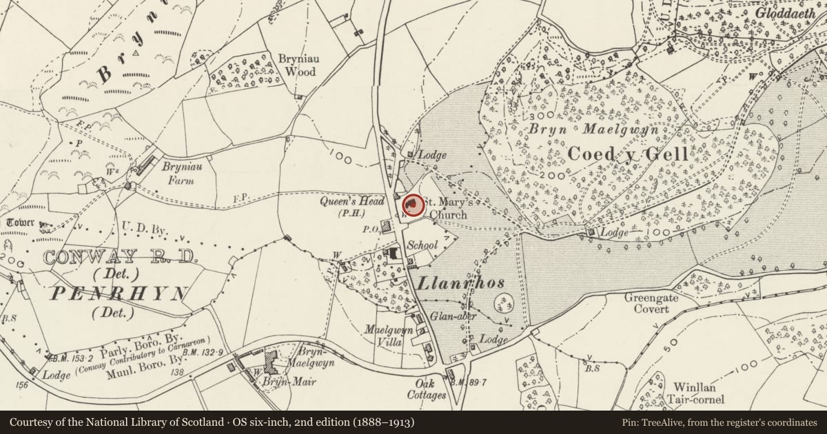 Ordnance Survey six-inch map, 2nd edition (1888–1913) covering the location of Church of St Hilary, Conwy, with a pin at the register's coordinates