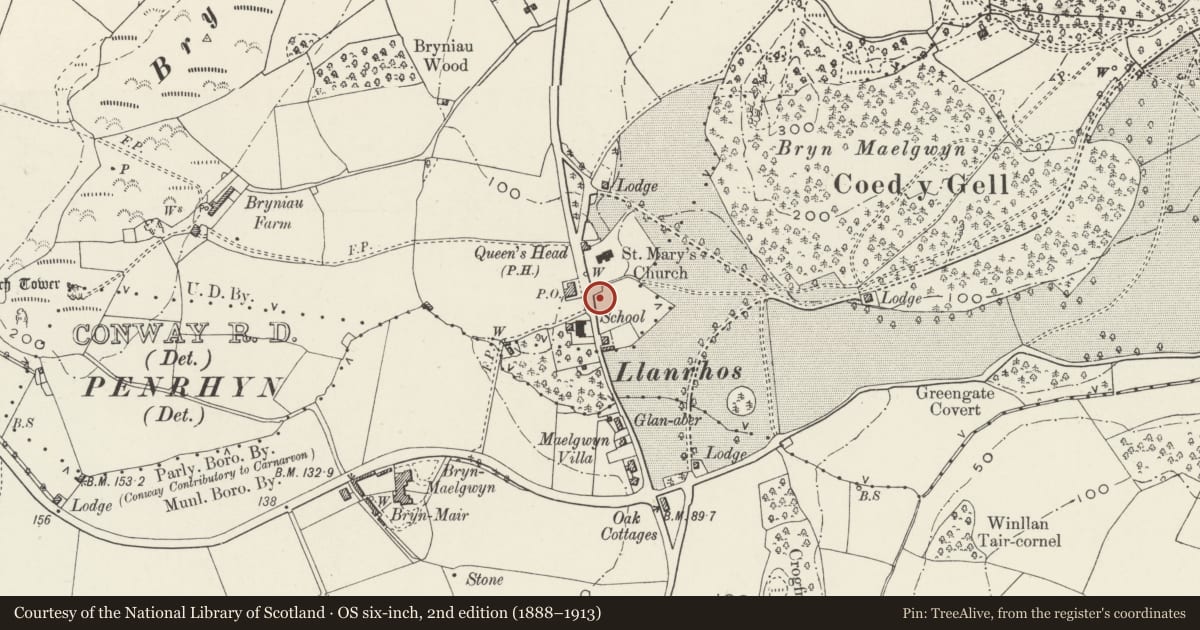 Ordnance Survey six-inch map, 2nd edition (1888–1913) covering the location of Wall, drinking fountain and gate to N and E side of car park S of Llanrhos churchyard, Conwy, with a pin at the register's coordinates
