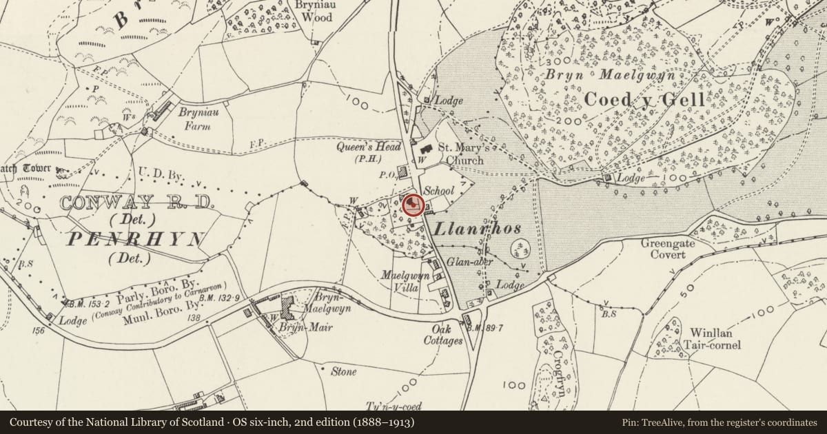 Ordnance Survey six-inch map, 2nd edition (1888–1913) covering the location of Llanrhos Church House, Conwy, with a pin at the register's coordinates