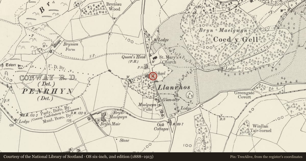 Ordnance Survey six-inch map, 2nd edition (1888–1913) covering the location of Forecourt wall, gate and gate piers at Llanrhos Church House, Conwy, with a pin at the register's coordinates