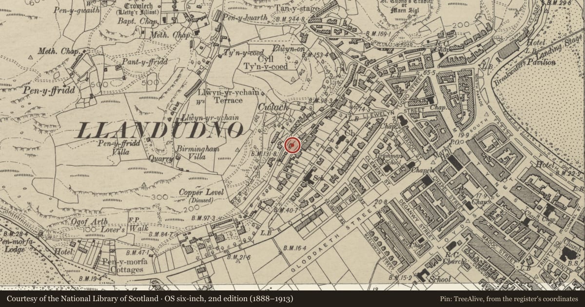 Ordnance Survey six-inch map, 2nd edition (1888–1913) covering the location of 7 Cwlach Street, Llandudno, Conwy, with a pin at the register's coordinates