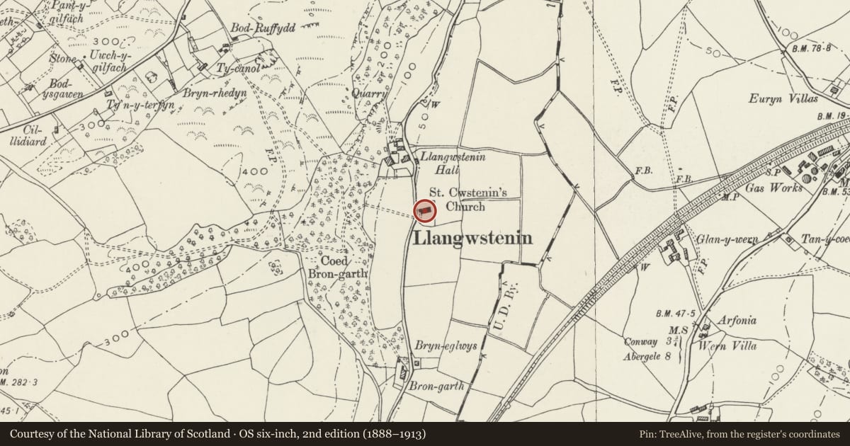 Ordnance Survey six-inch map, 2nd edition (1888–1913) covering the location of Parish Church of St Cwstenin, Llandudno, Conwy, with a pin at the register's coordinates