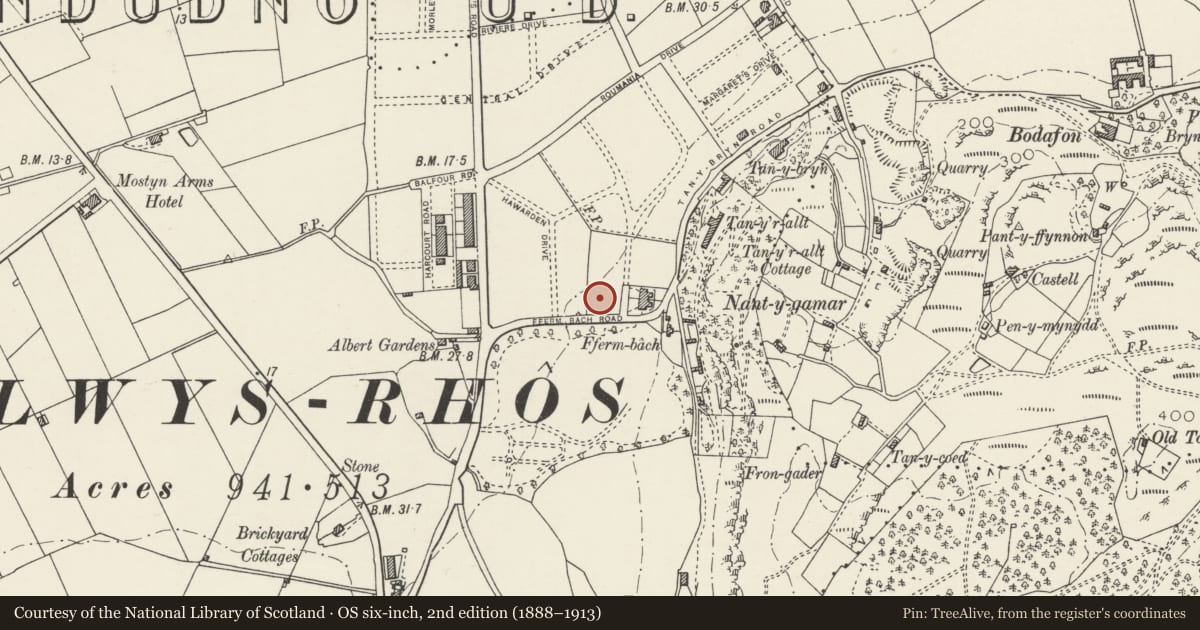 Ordnance Survey six-inch map, 2nd edition (1888–1913) covering the location of Rapallo House, Llandudno, Conwy, with a pin at the register's coordinates