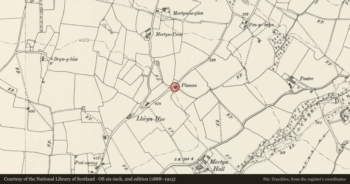 Ordnance Survey six-inch map, 2nd edition (1888–1913) covering the location of Plassau, Mostyn, Flintshire, with a pin at the register's coordinates