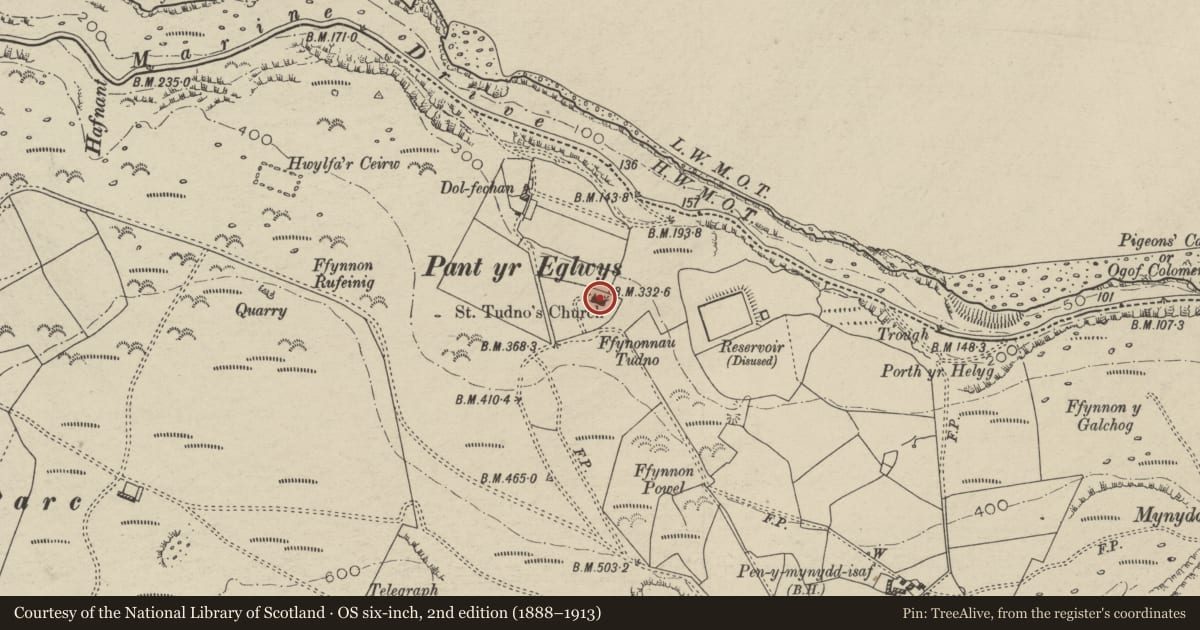 Ordnance Survey six-inch map, 2nd edition (1888–1913) covering the location of Church of St Tudno, Llandudno, Conwy, with a pin at the register's coordinates