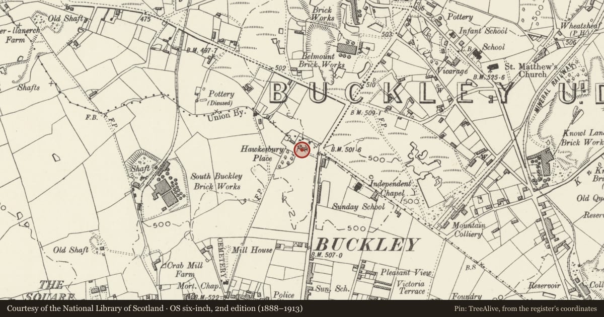 Ordnance Survey six-inch map, 2nd edition (1888–1913) covering the location of Hawkesbury Hall, Buckley, Flintshire, with a pin at the register's coordinates