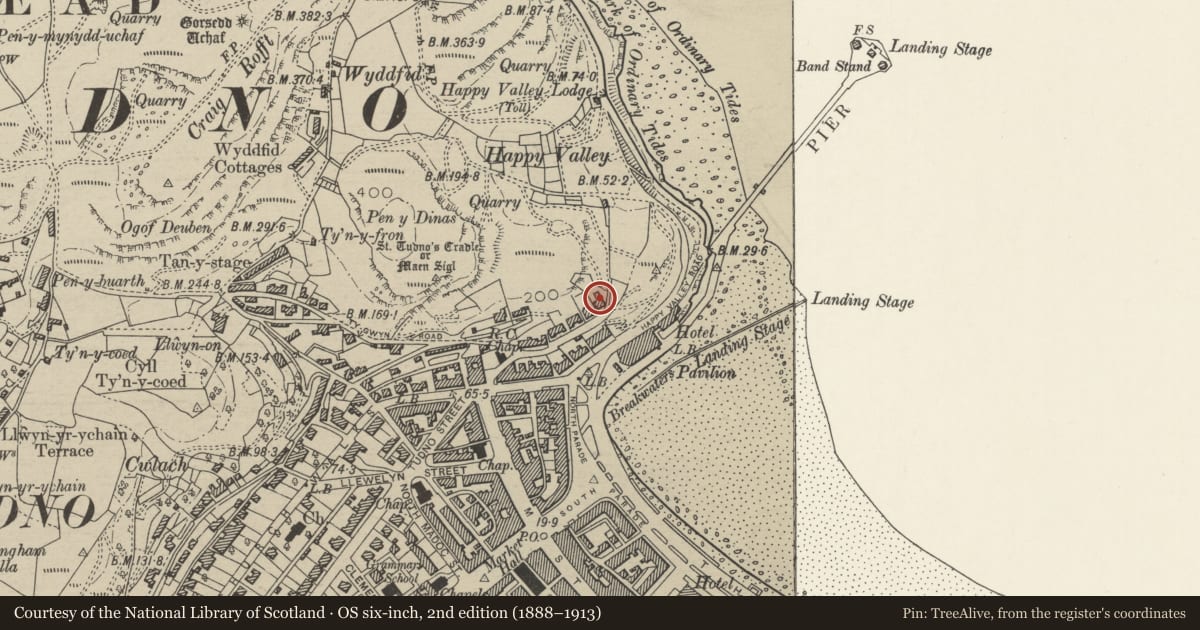 Ordnance Survey six-inch map, 2nd edition (1888–1913) covering the location of Headlands Hotel, Llandudno, Conwy, with a pin at the register's coordinates